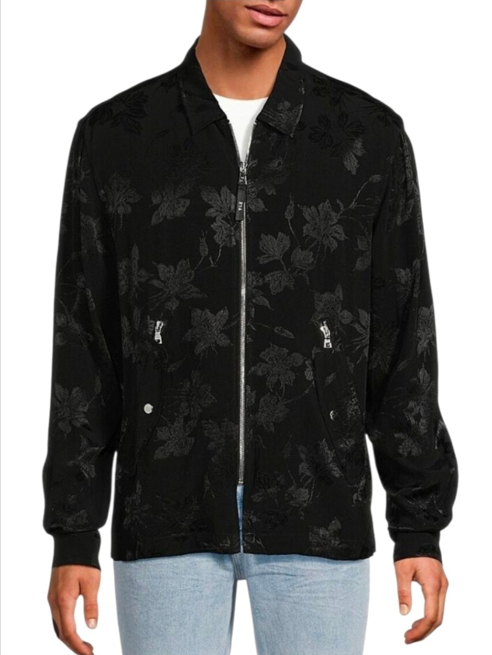 RTA | Caden Black Floral Jacquard Zip Shirt Jacket Small